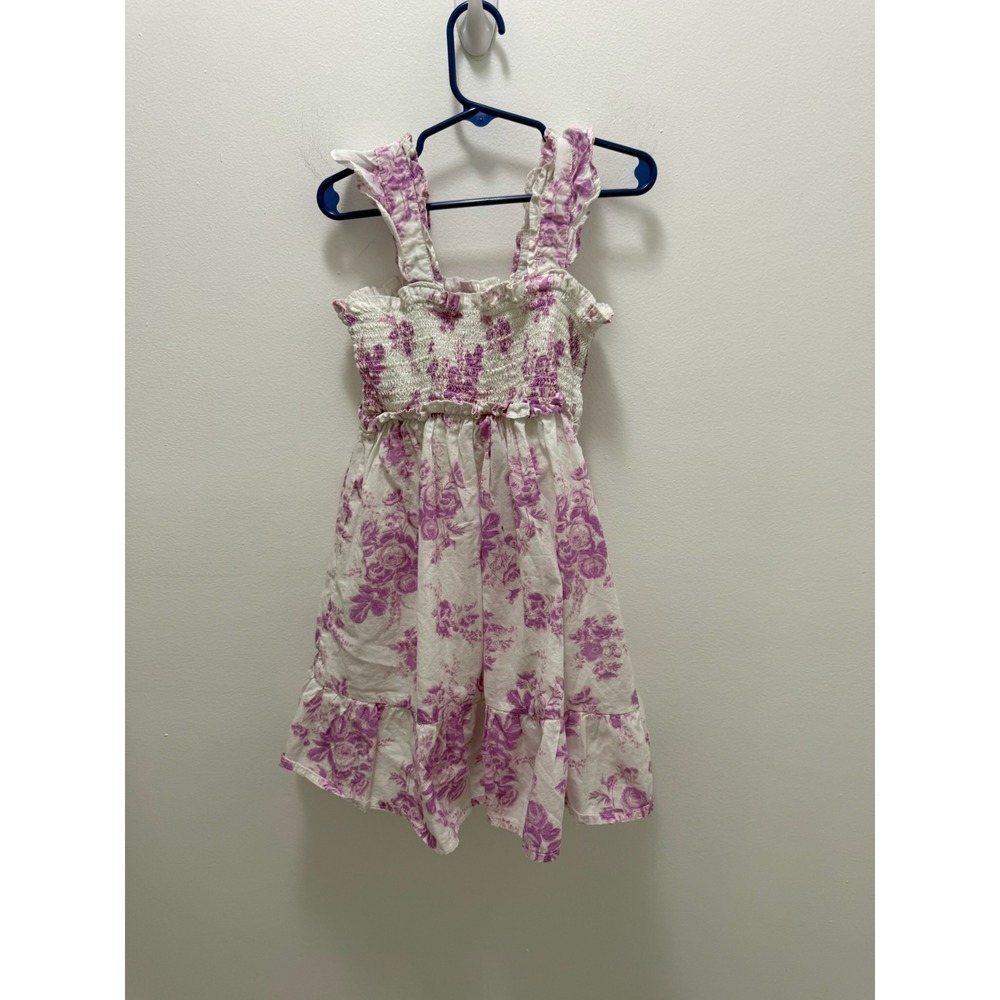 Janie and Jack Girls Size 6 Purple White Floral Smocked Ruffle Cotton Sun Dress